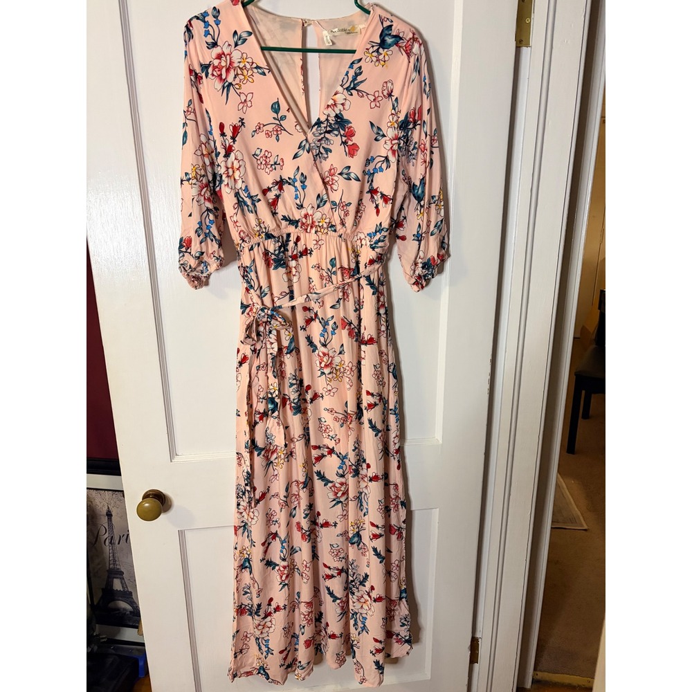 Available by Angela Fashion Floral Bird Print Maxi Dress Pink Size L Wrap V-Neck